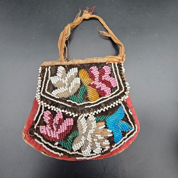 Handbags - Antique Native American Iroquois Beaded Velvet Purse Floral Flaps 1890s-1910s
